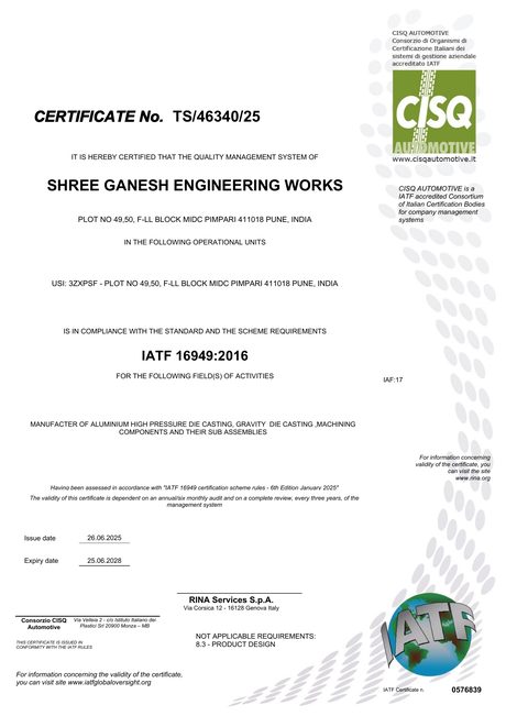 IATF 16949:2016 certificate, Shree Ganesh Engineering Works
